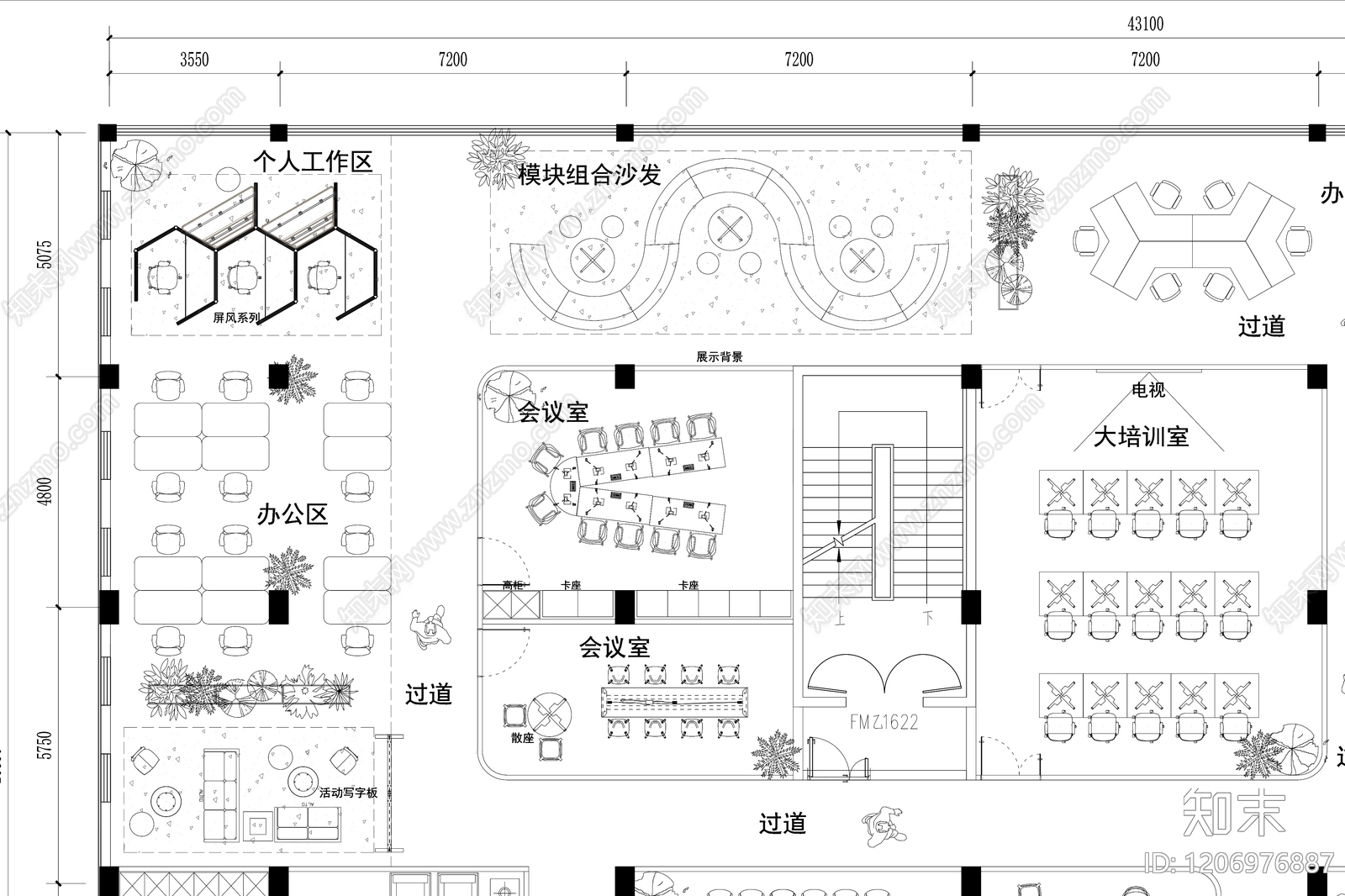 现代开放办公室cad施工图下载【ID:1206976887】