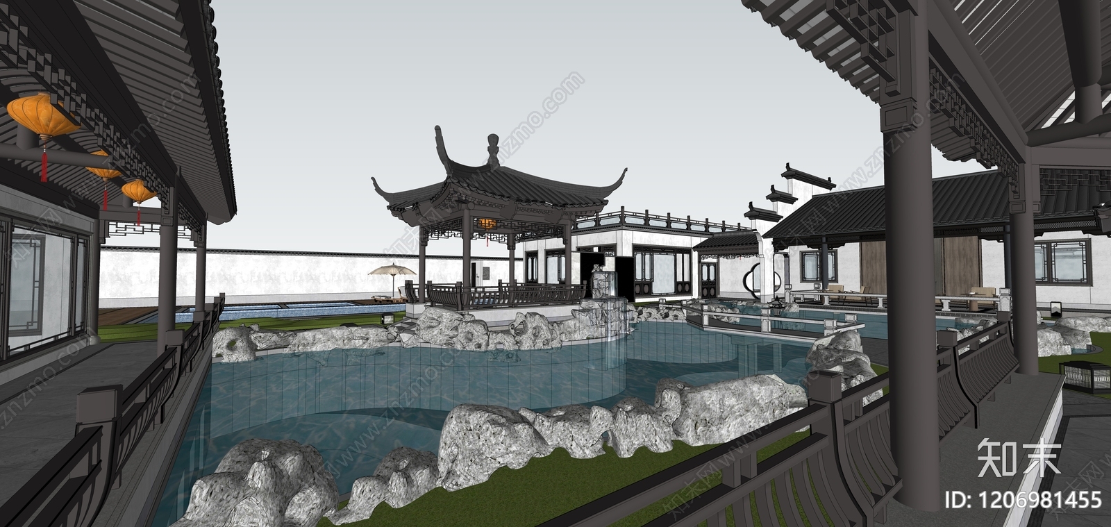 中式新中式别墅庭院SU模型下载【ID:1206981455】