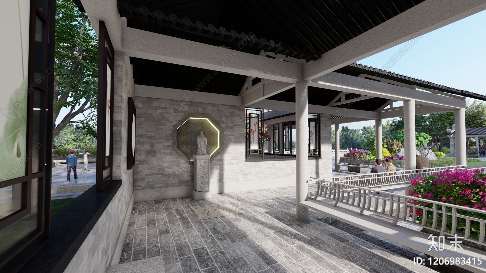 新中式中式景观廊道SU模型下载【ID:1206983415】