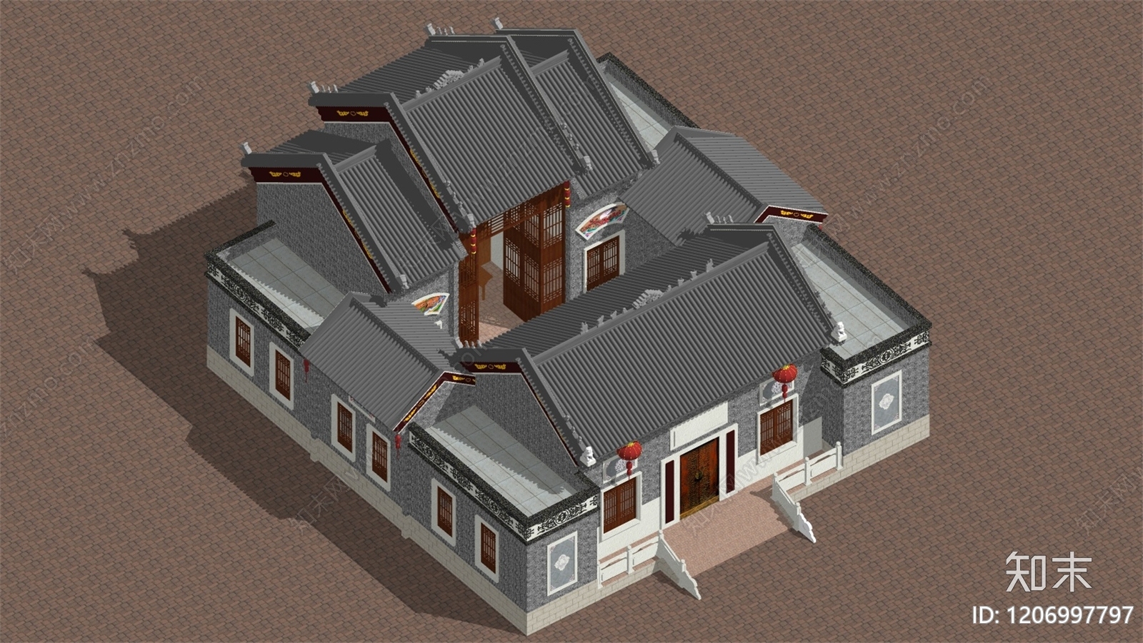 中式复古寺庙建筑SU模型下载【ID:1206997797】