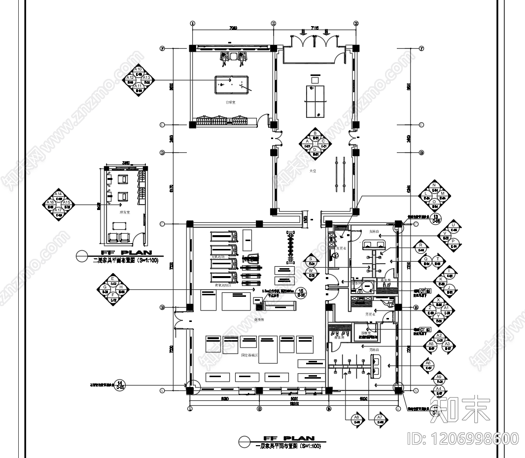 现代健身房cad施工图下载【ID:1206998600】