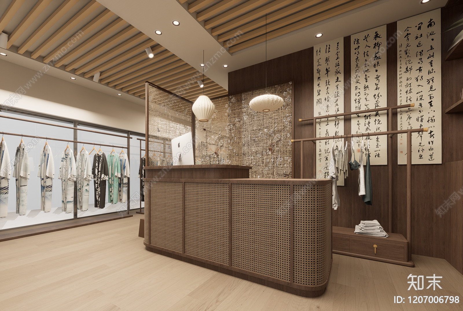 新中式原木服装店SU模型下载【ID:1207006798】