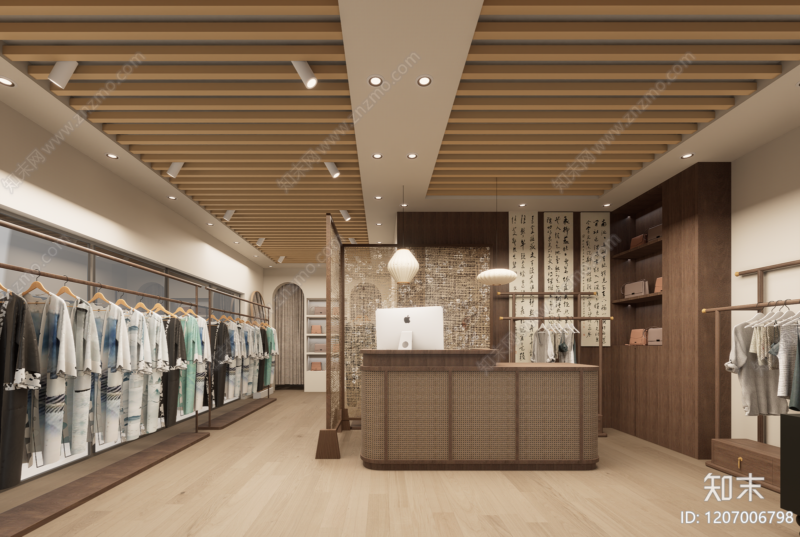 新中式原木服装店SU模型下载【ID:1207006798】