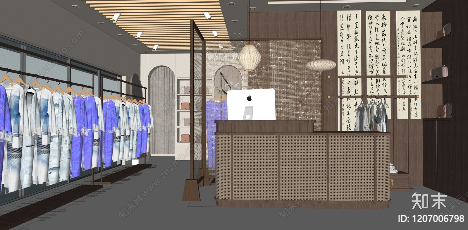 新中式原木服装店SU模型下载【ID:1207006798】