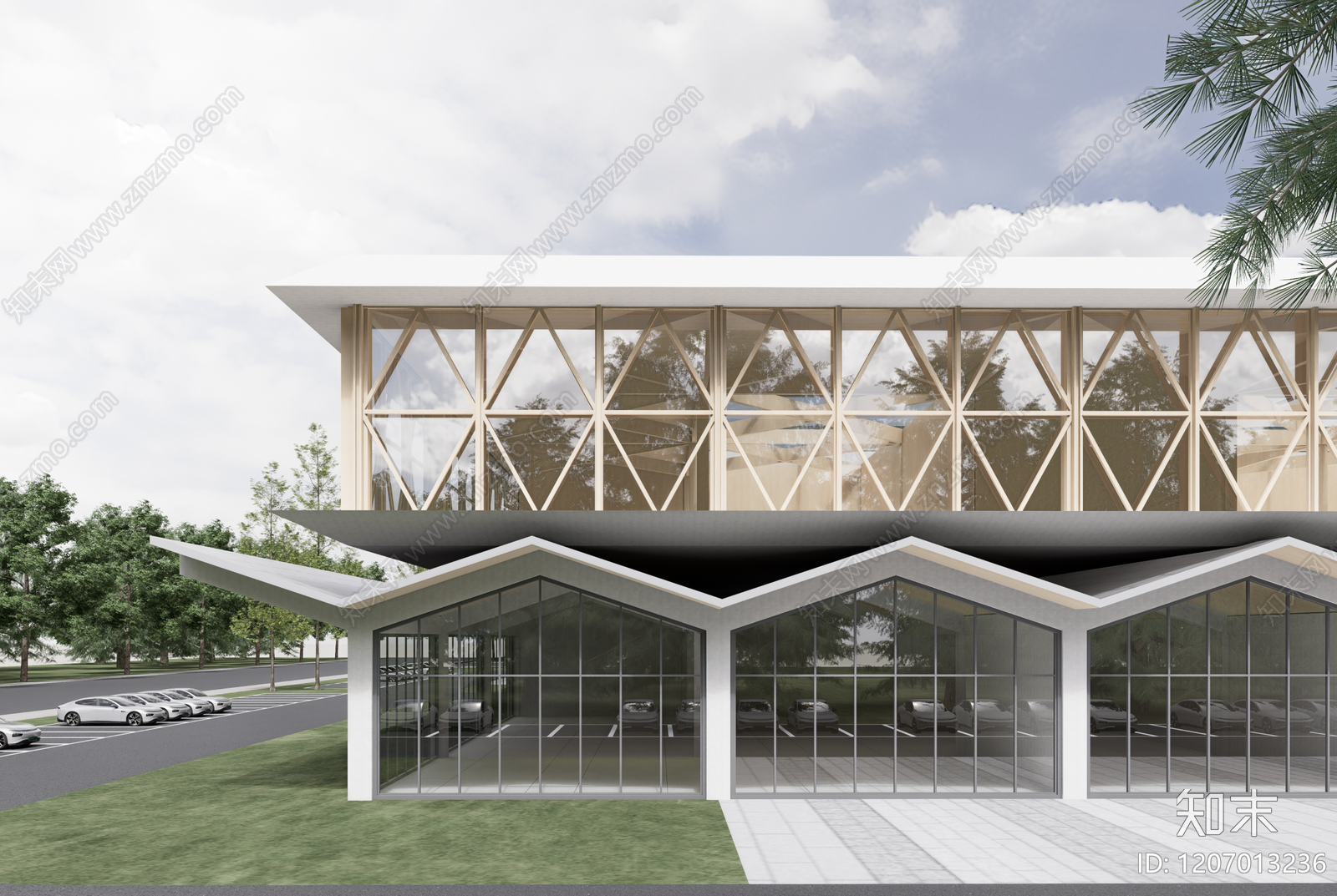 现代新中式展览馆建筑SU模型下载【ID:1207013236】