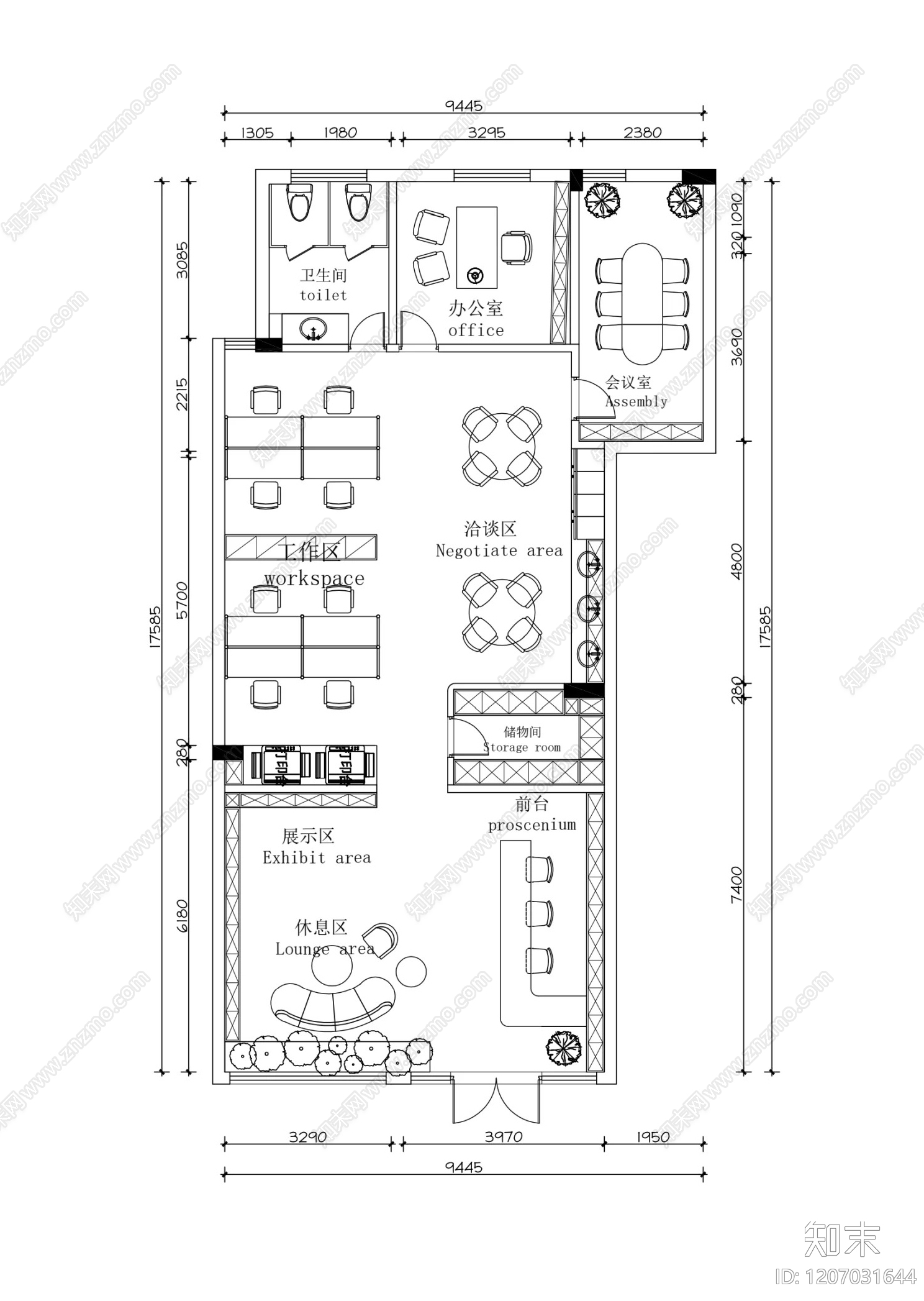 现代开放办公室cad施工图下载【ID:1207031644】