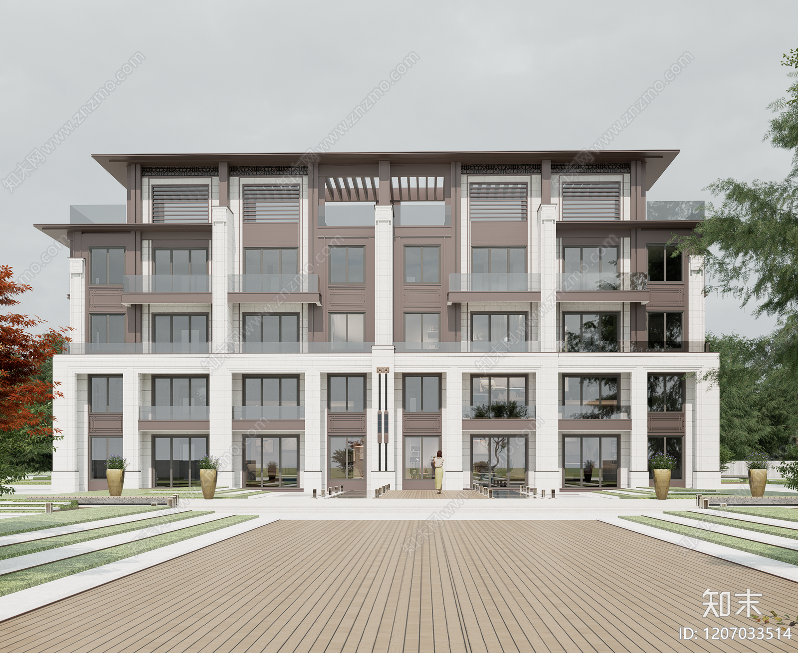 现代新中式联排别墅SU模型下载【ID:1207033514】
