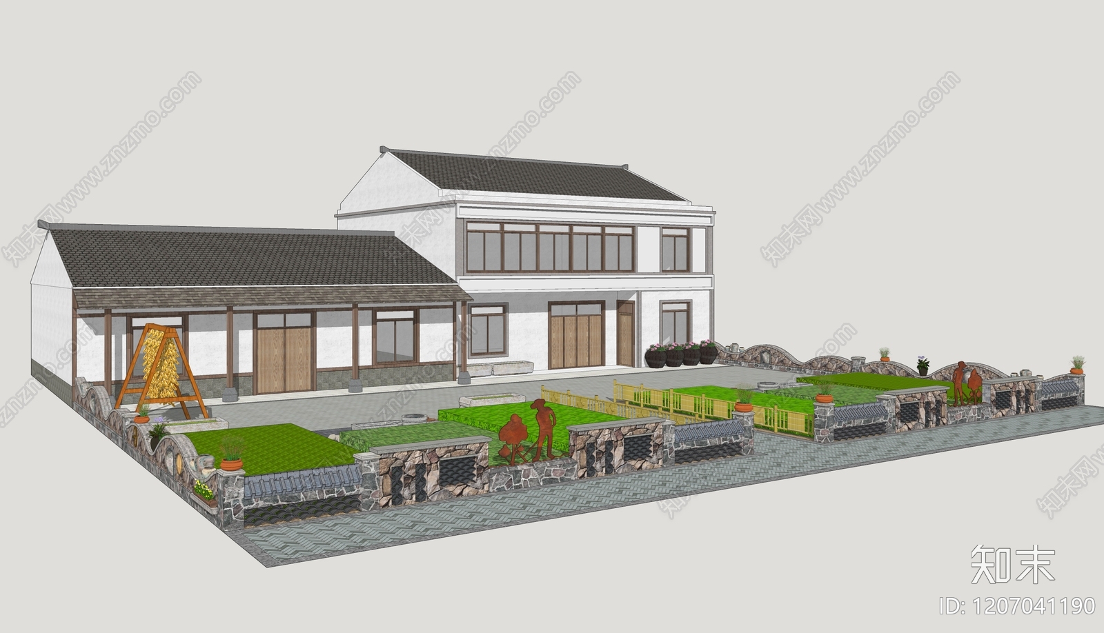 新中式乡村庭院SU模型下载【ID:1207041190】