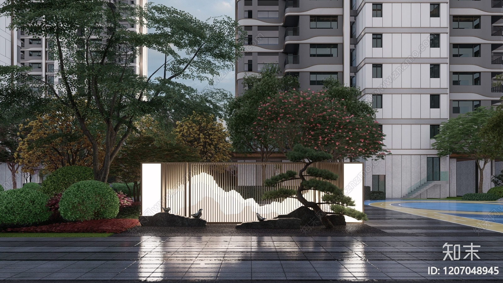 现代新中式住宅区景观SU模型下载【ID:1207048945】