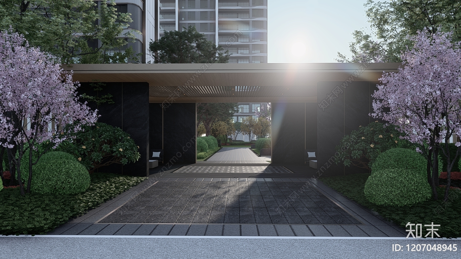 现代新中式住宅区景观SU模型下载【ID:1207048945】