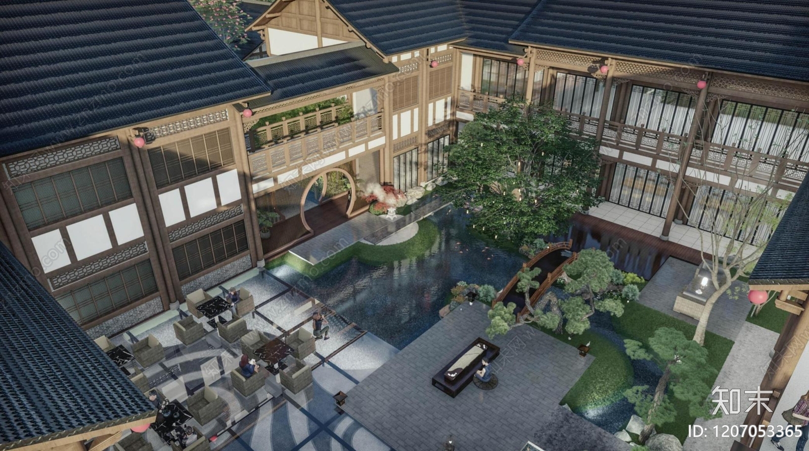 新中式古建筑SU模型下载【ID:1207053365】