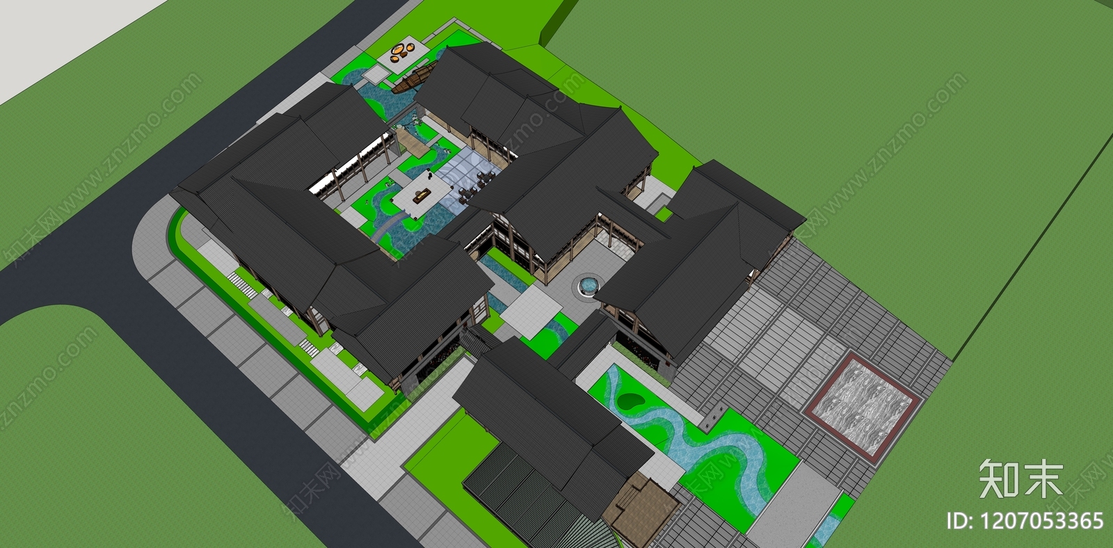新中式古建筑SU模型下载【ID:1207053365】