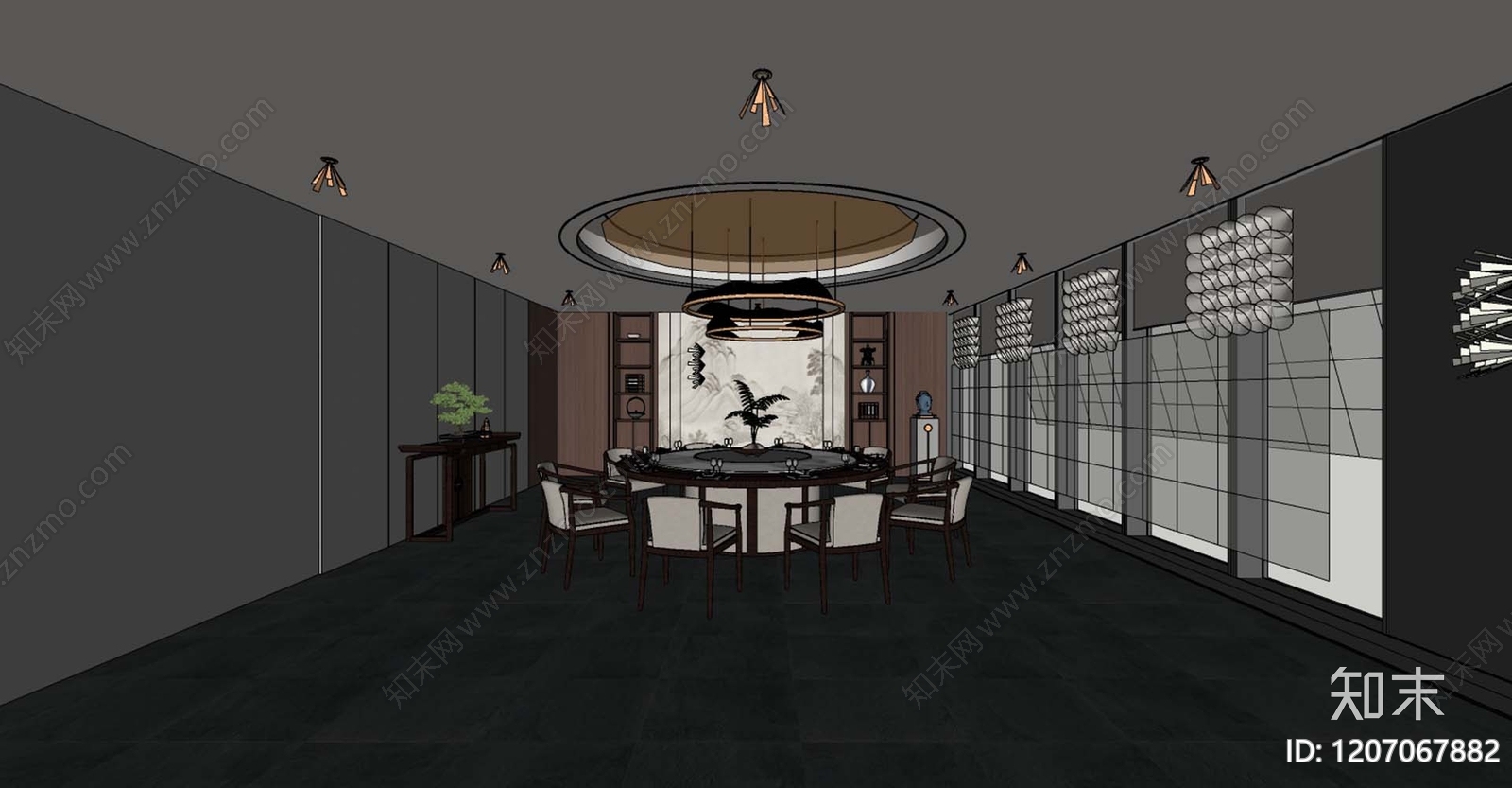 新中式轻奢中餐厅SU模型下载【ID:1207067882】