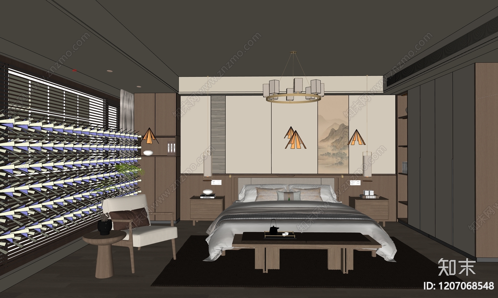 新中式中古家居卧室SU模型下载【ID:1207068548】