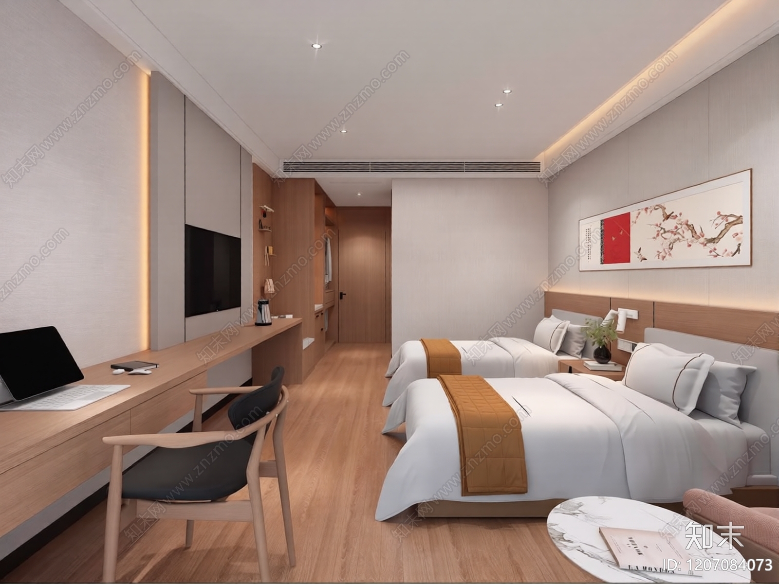 现代原木风宾馆酒店标准间标间3D模型下载【ID:1207084073】