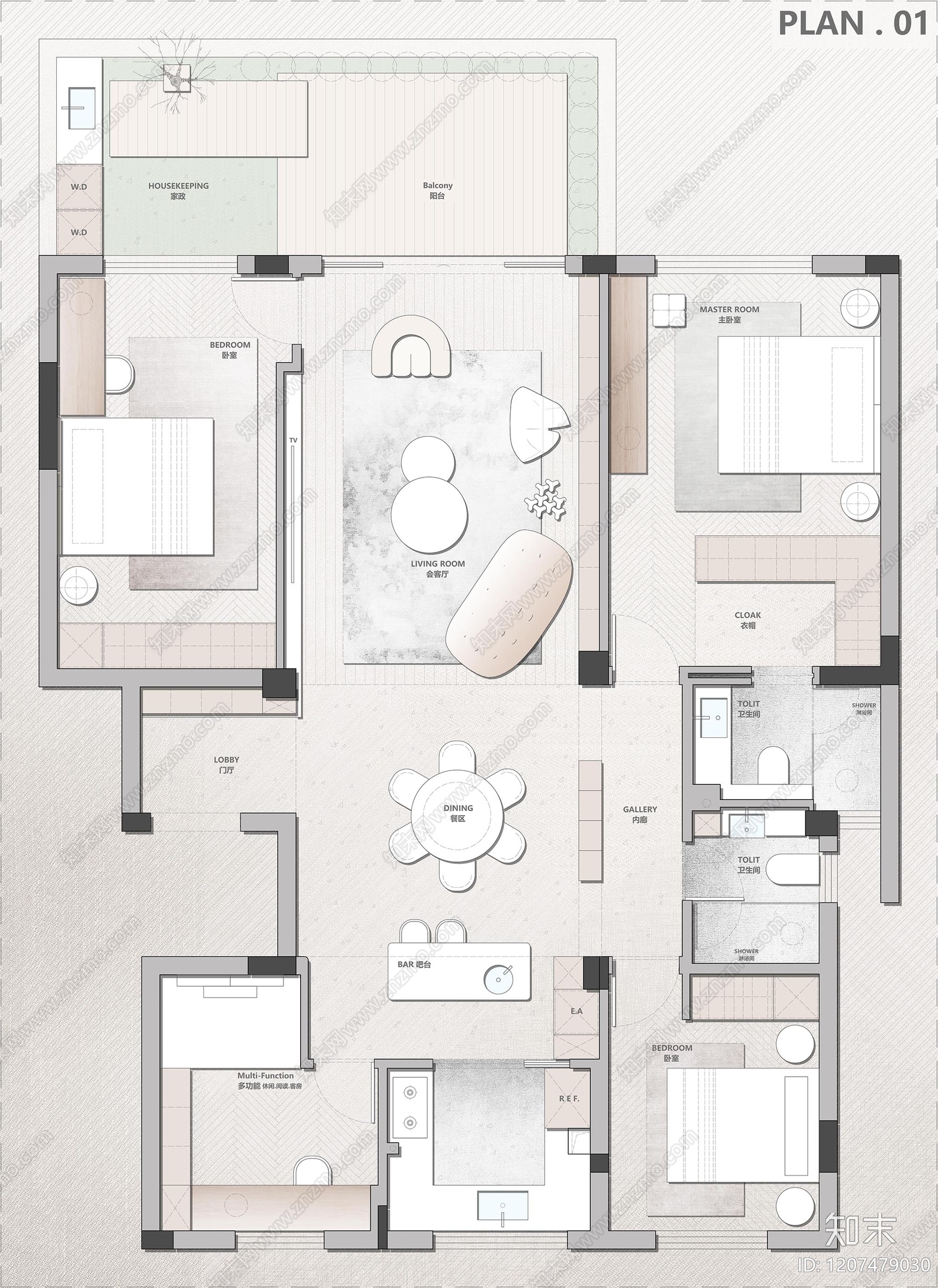 小户型平层cad施工图下载【ID:1207479030】