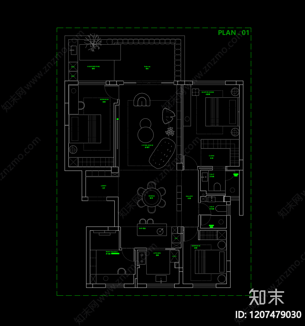 小户型平层cad施工图下载【ID:1207479030】