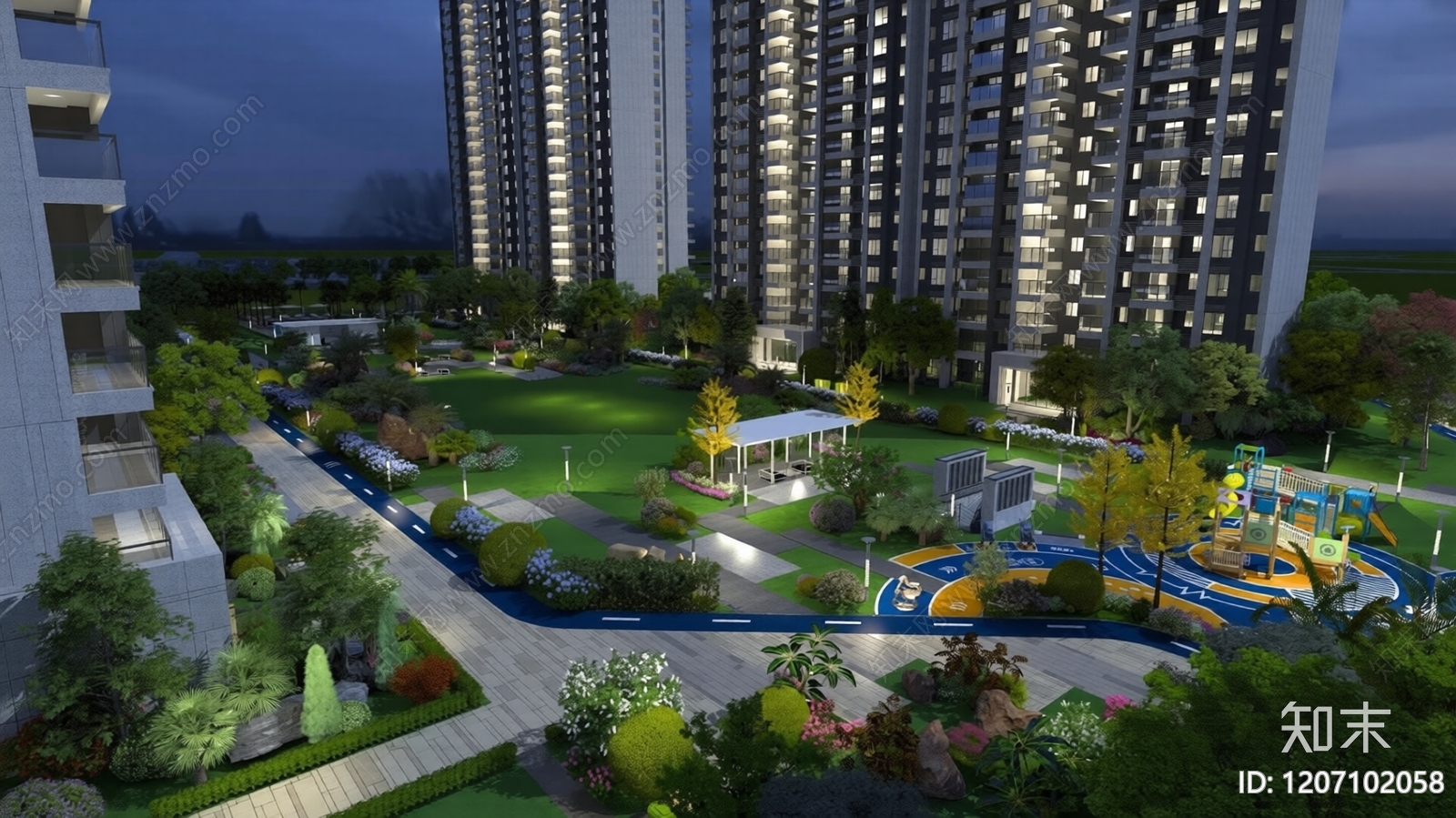 小区内廷夜景3D模型下载【ID:1207102058】
