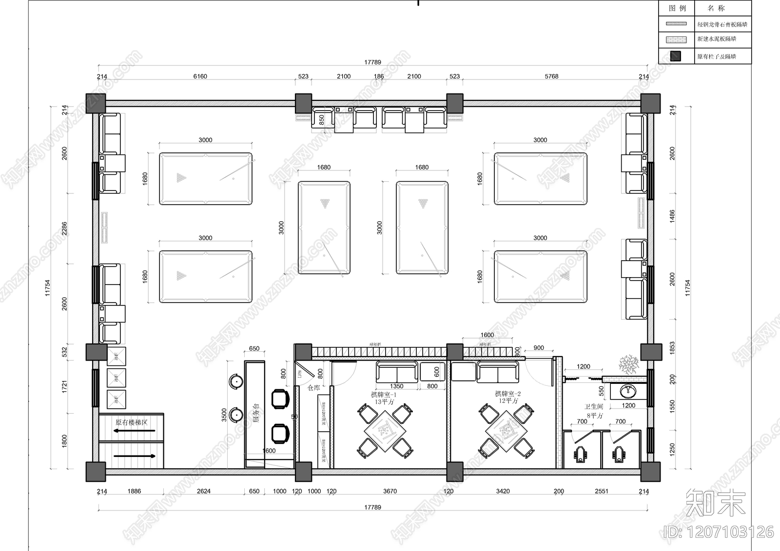现代棋牌室cad施工图下载【ID:1207103126】