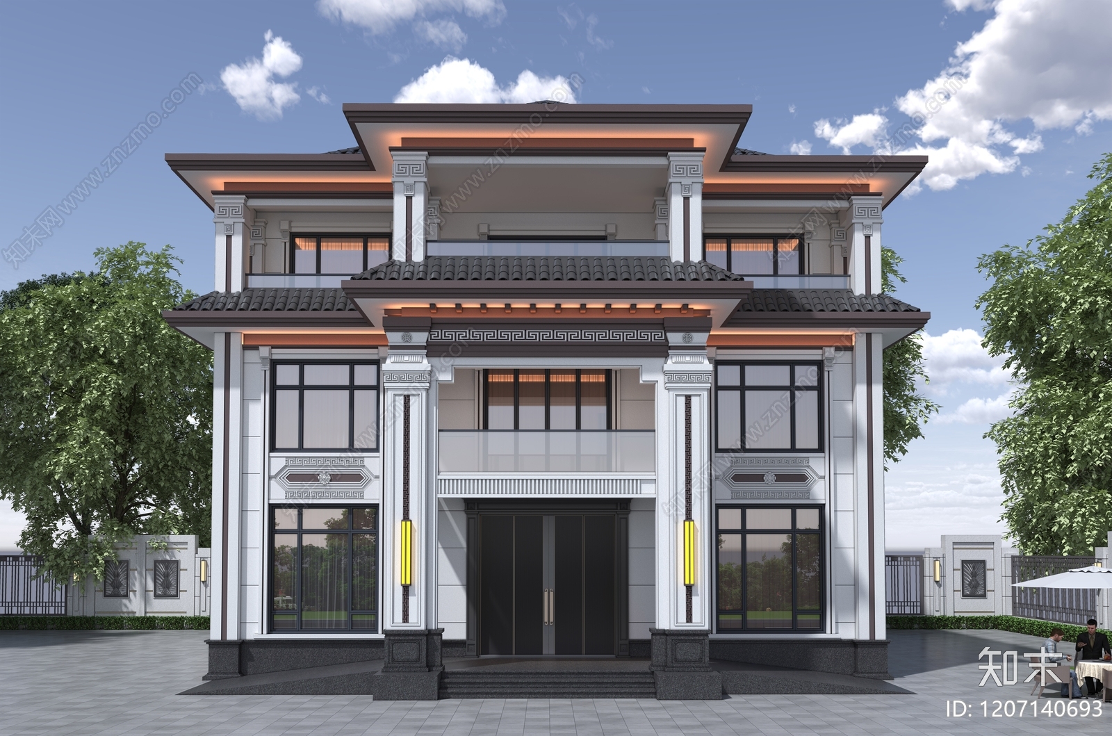 新中式中式别墅外观3D模型下载【ID:1207140693】