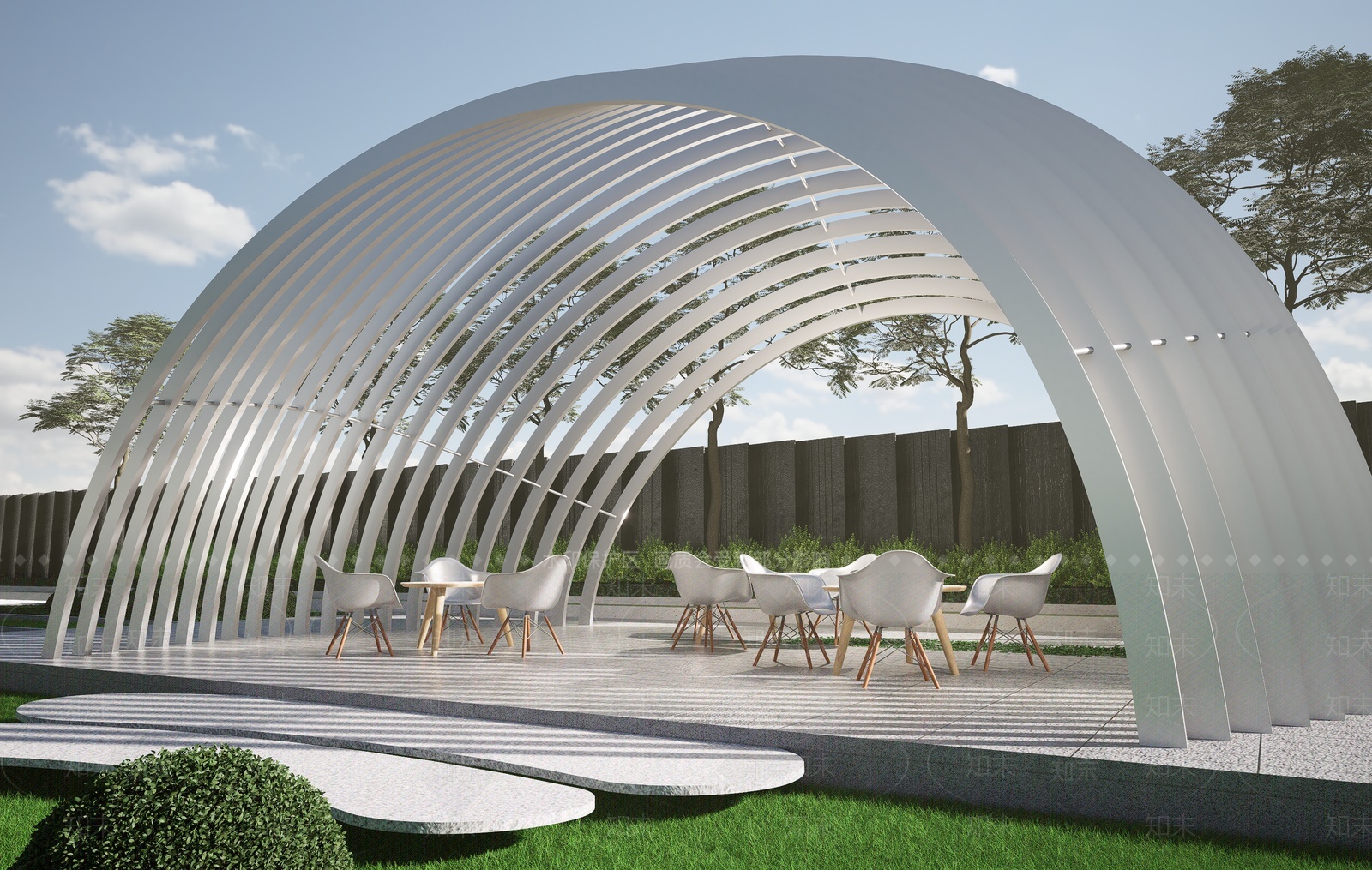 现代户外弧形拱形景观廊架SU模型下载【ID:1207236634】