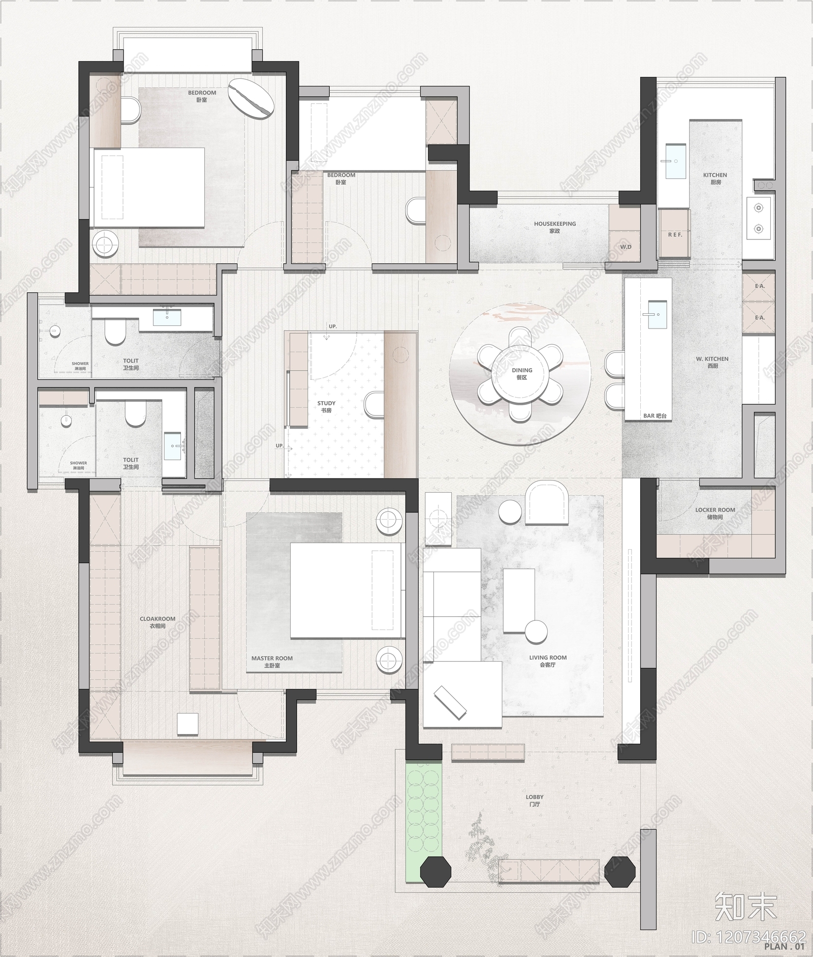 小户型平层cad施工图下载【ID:1207346662】