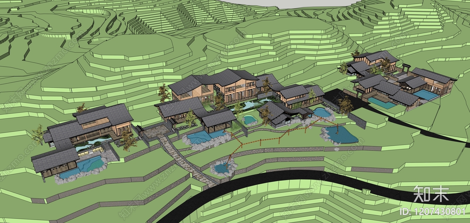 新中式日式民宿建筑SU模型下载【ID:1207430801】