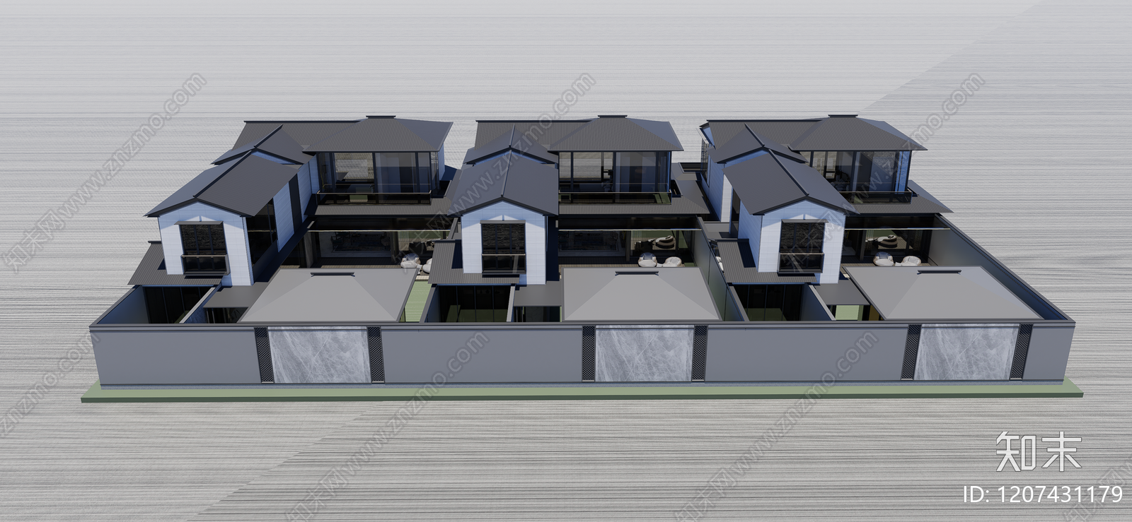 新中式联排别墅SU模型下载【ID:1207431179】