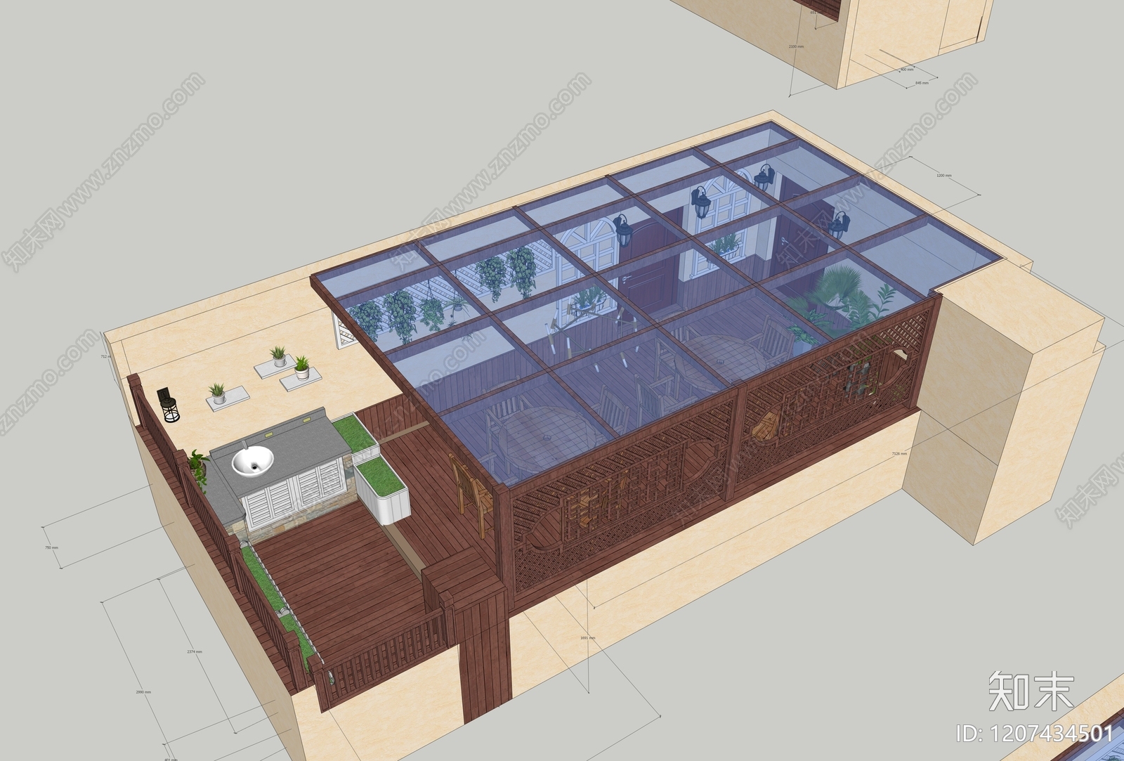 中式新中式屋顶花园SU模型下载【ID:1207434501】