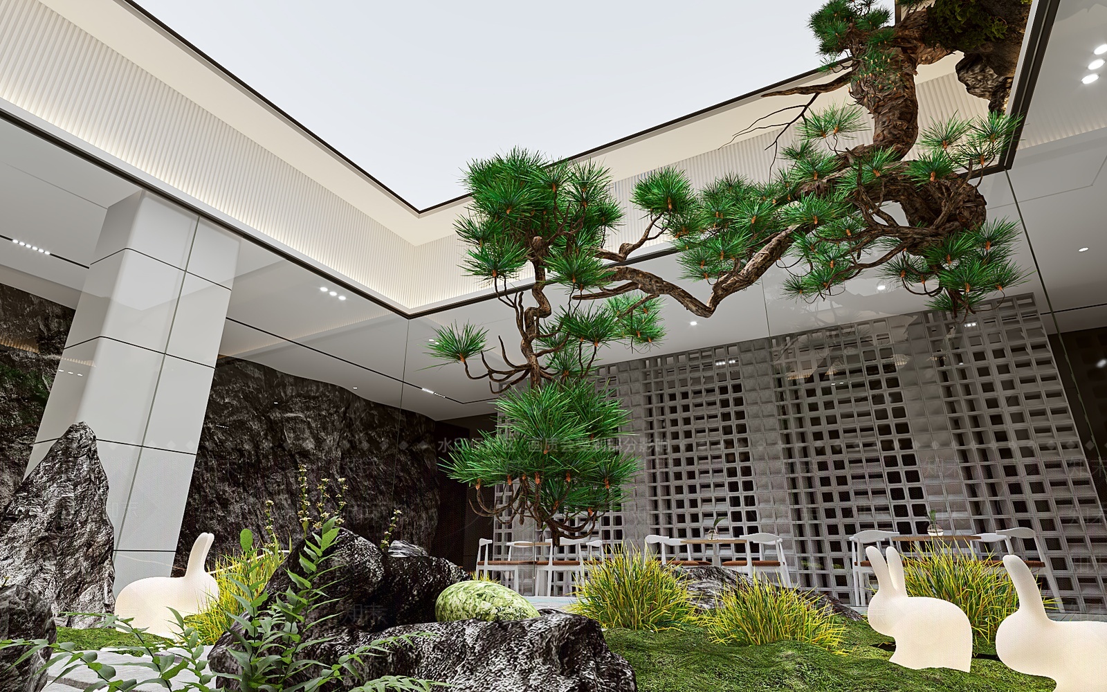 新中式中庭景观小品悬崖松3D模型下载【ID:1207447059】