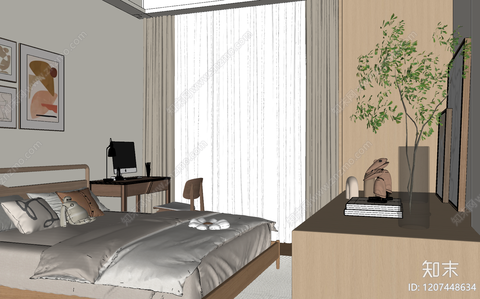 简约原木家居卧室SU模型下载【ID:1207448634】