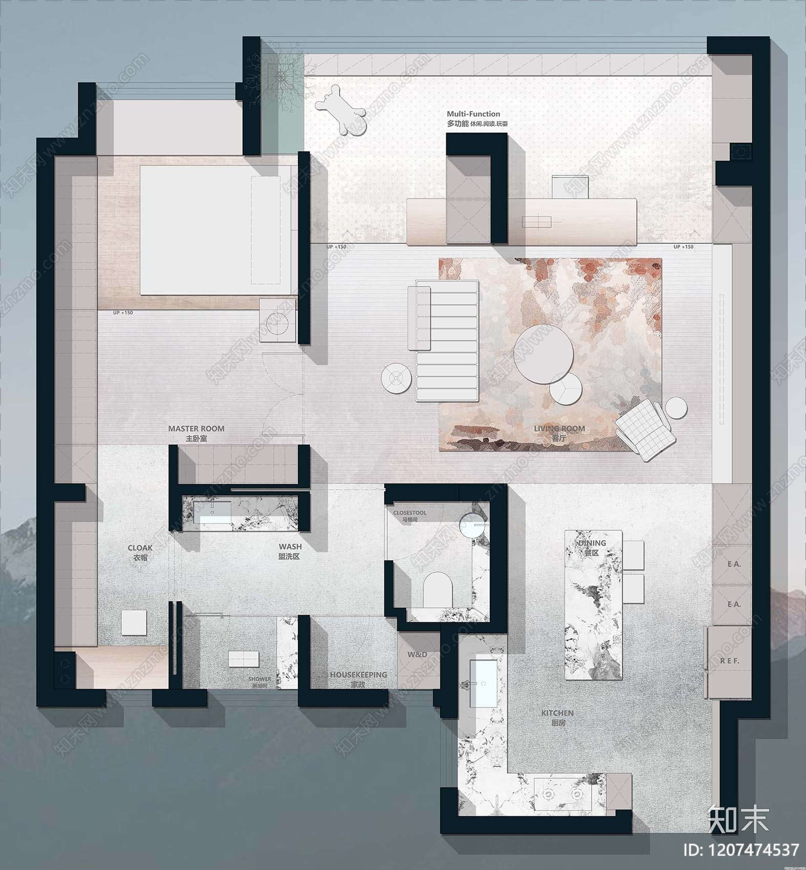 小户型平层cad施工图下载【ID:1207474537】