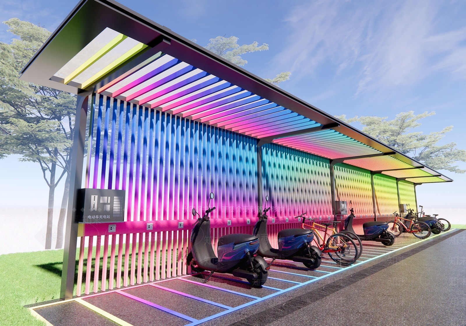 现代彩虹色非机动车棚SU模型下载【ID:1207482576】