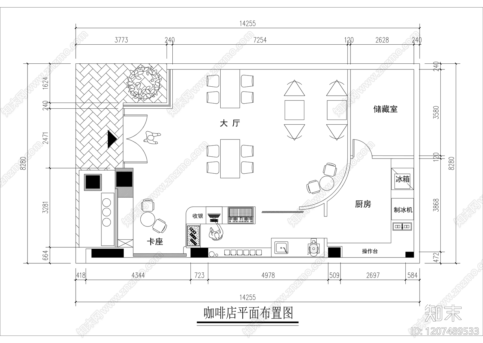 中古奶油咖啡厅施工图下载【ID:1207489533】