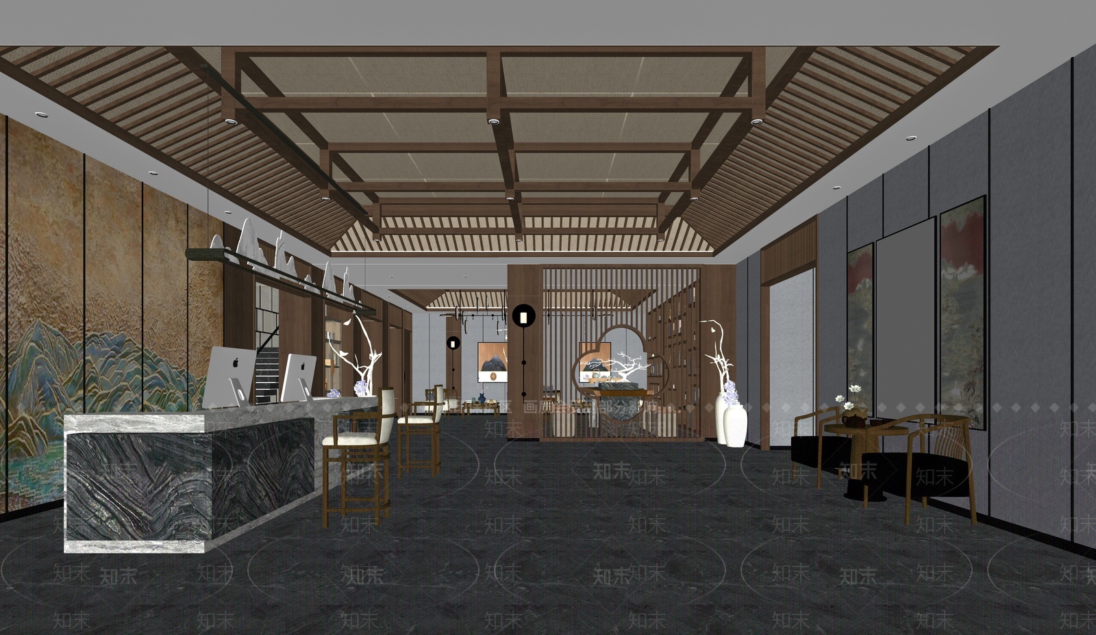 新中式酒店大厅SU模型下载【ID:1207494977】