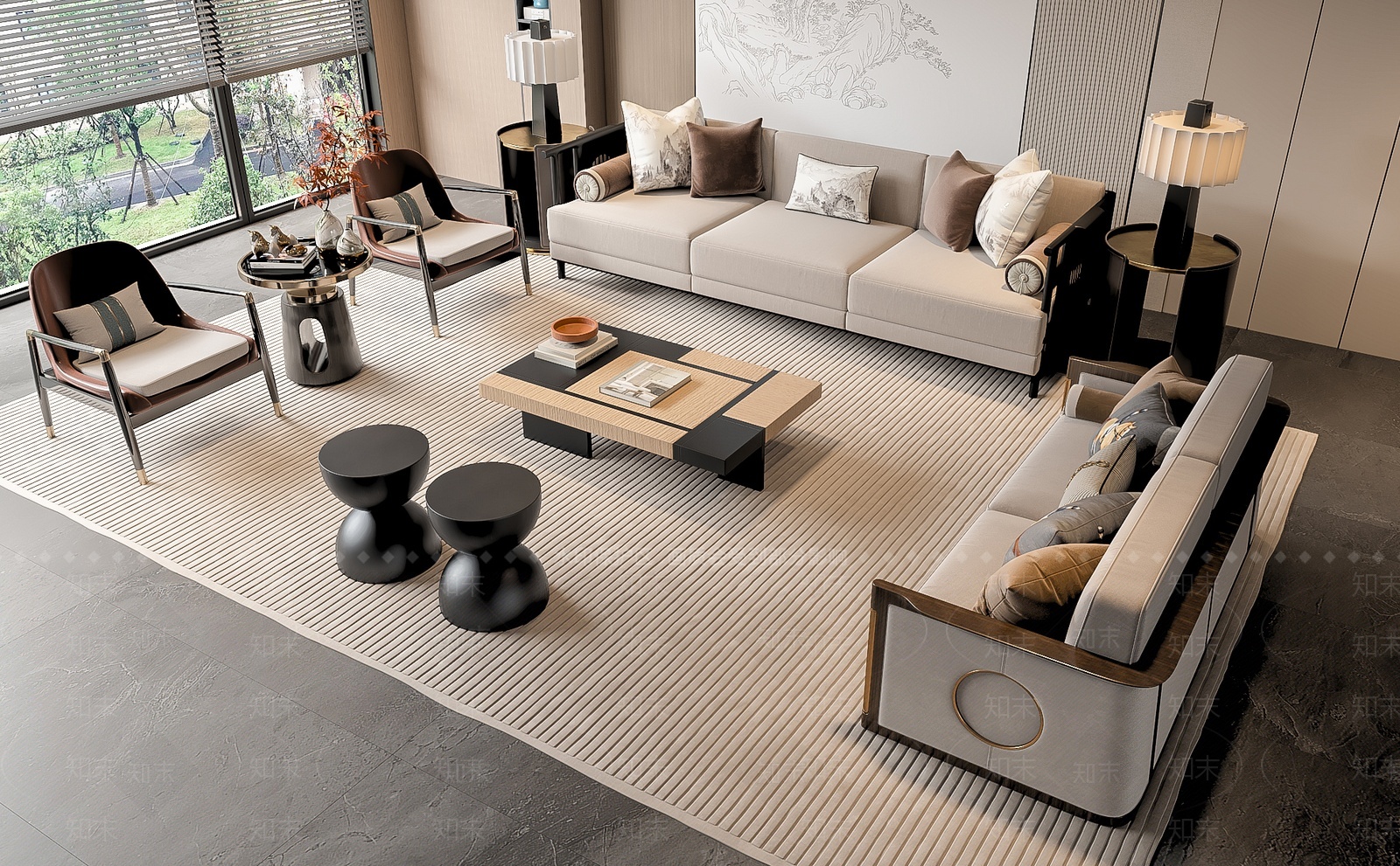 新中式沙发茶几组合3D模型下载【ID:1207495218】