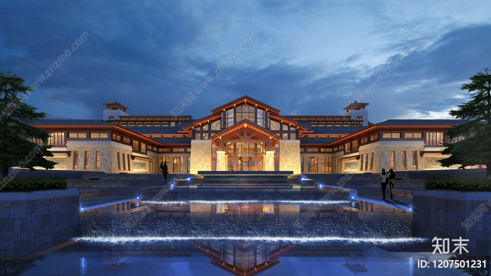 新中式中式酒店建筑SU模型下载【ID:1207501231】