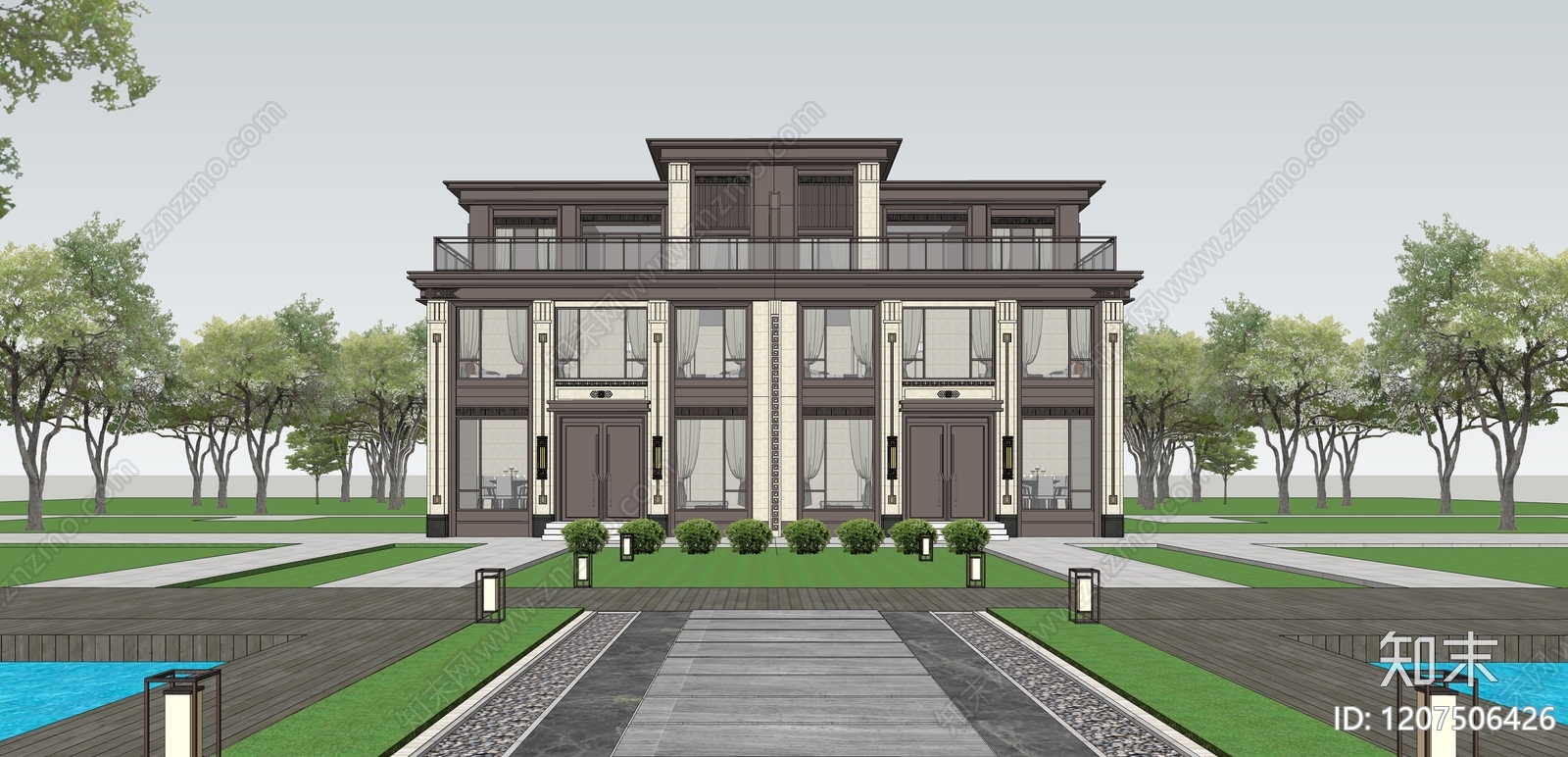 新中式联排别墅SU模型下载【ID:1207506426】