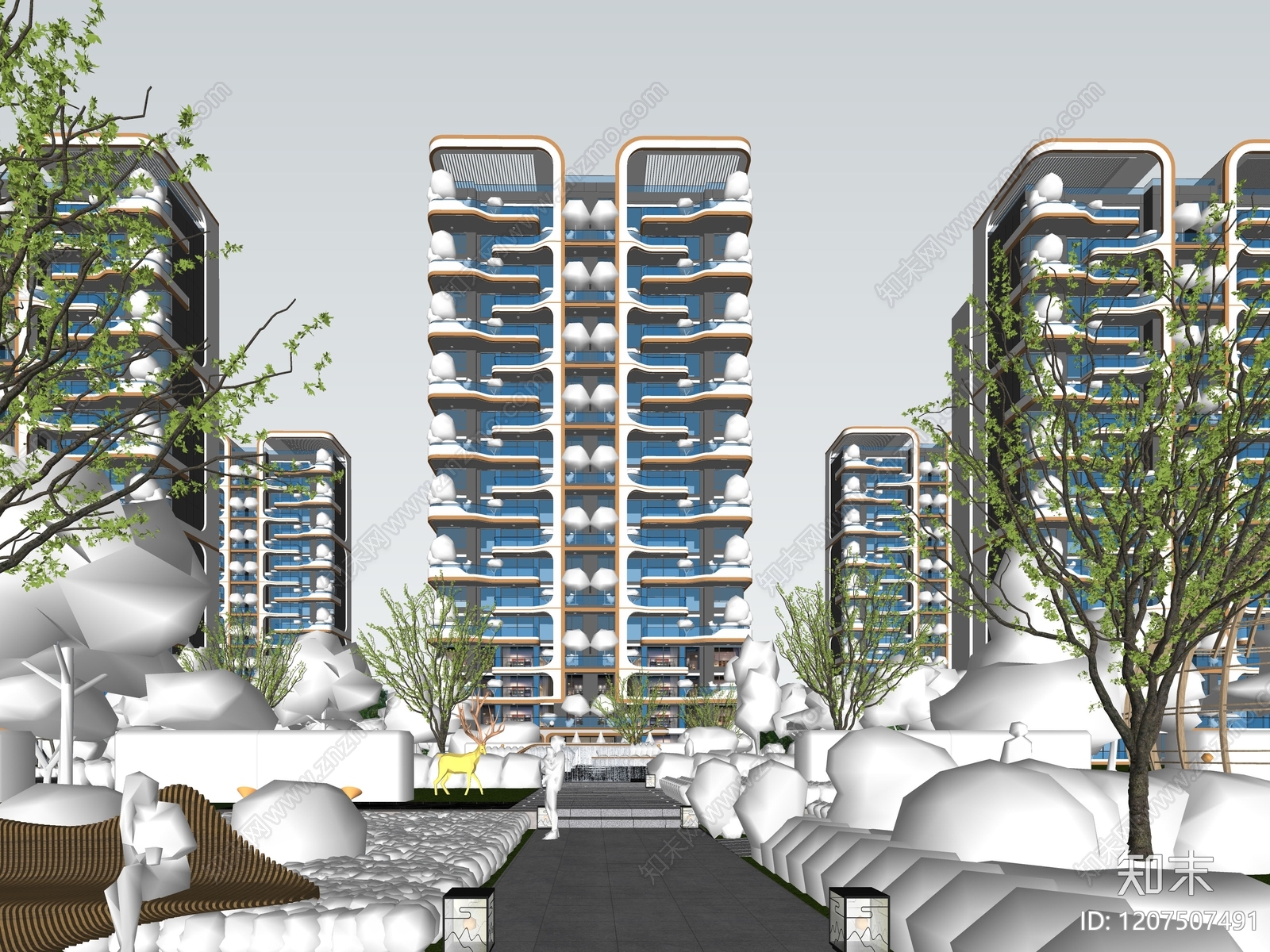 现代轻奢小区建筑SU模型下载【ID:1207507491】