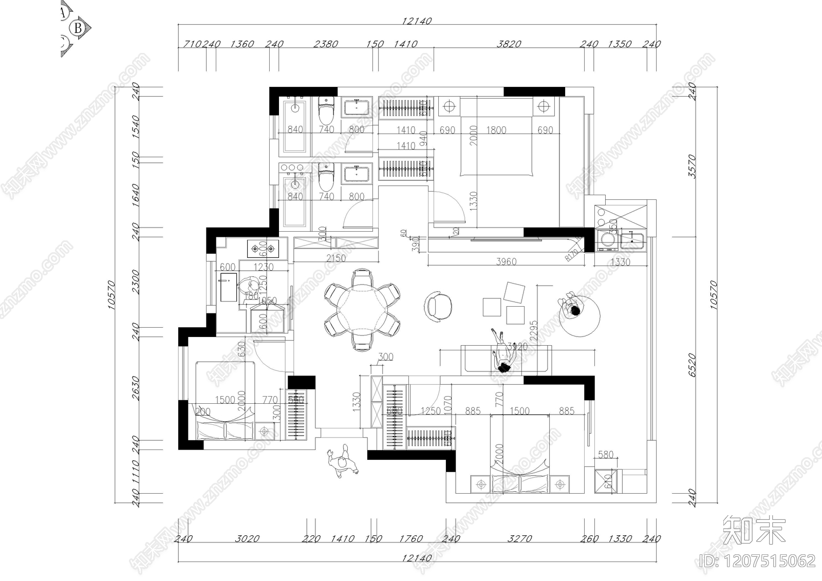 小户型平层cad施工图下载【ID:1207515062】