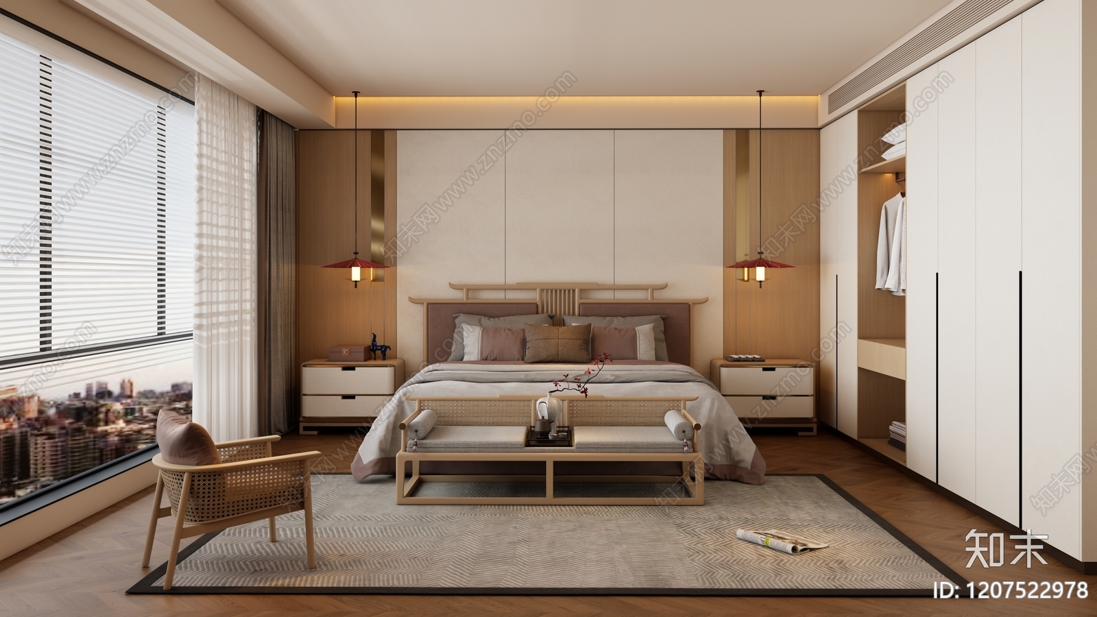 新中式中式家居卧室SU模型下载【ID:1207522978】