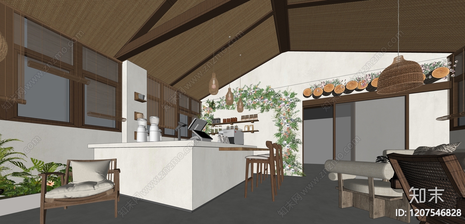 新中式侘寂咖啡厅SU模型下载【ID:1207546828】