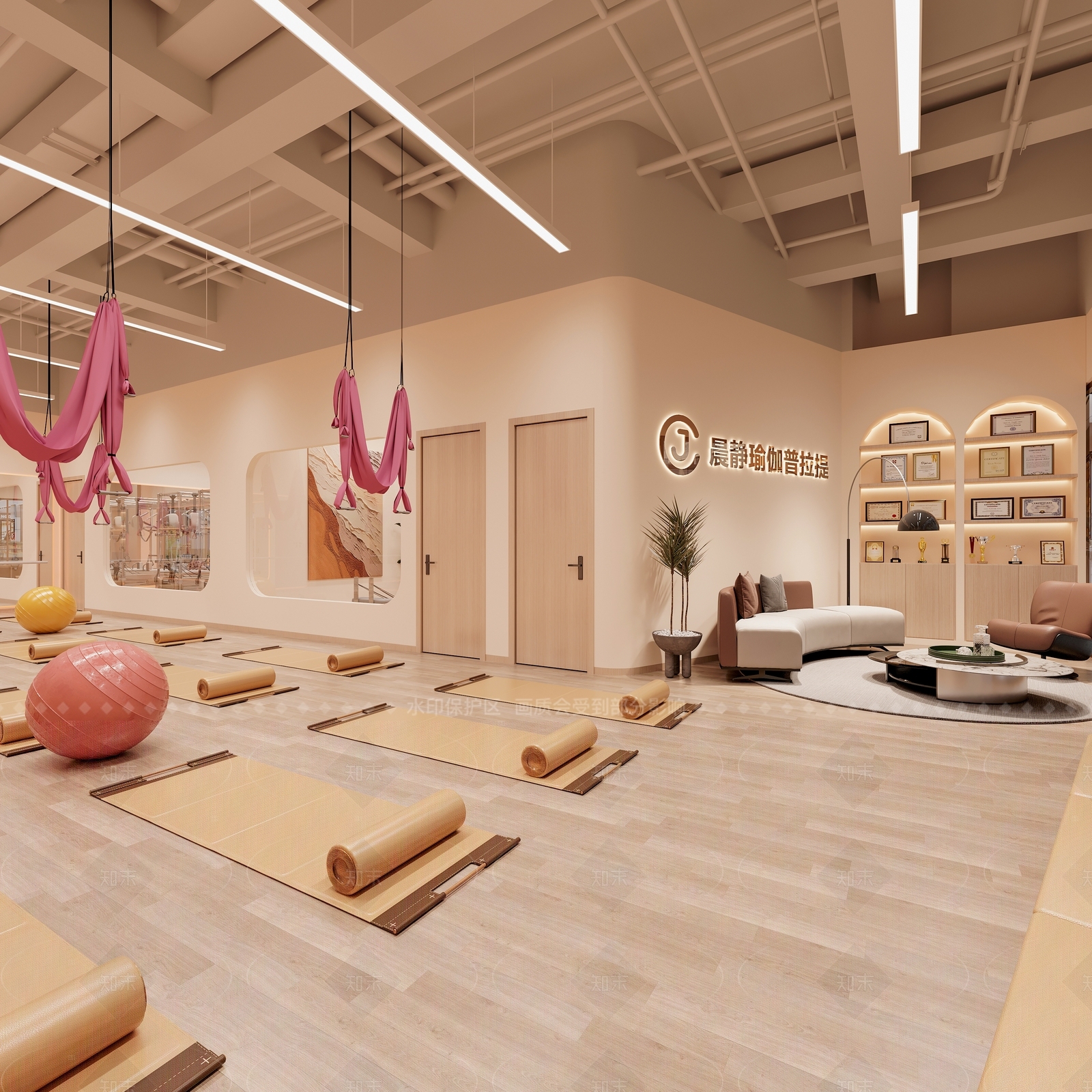 现代奶油瑜伽室3D模型下载【ID:1207571745】