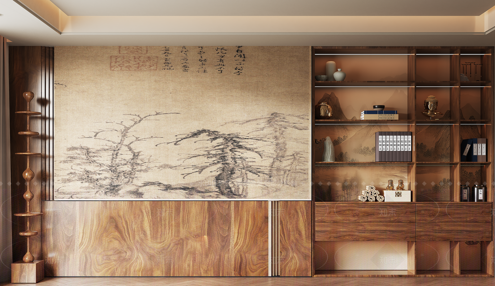 新中式禅意书柜SU模型下载【ID:1207577534】