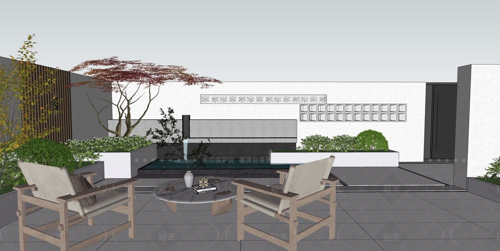现代奶油别墅庭院SU模型下载【ID:1207635067】
