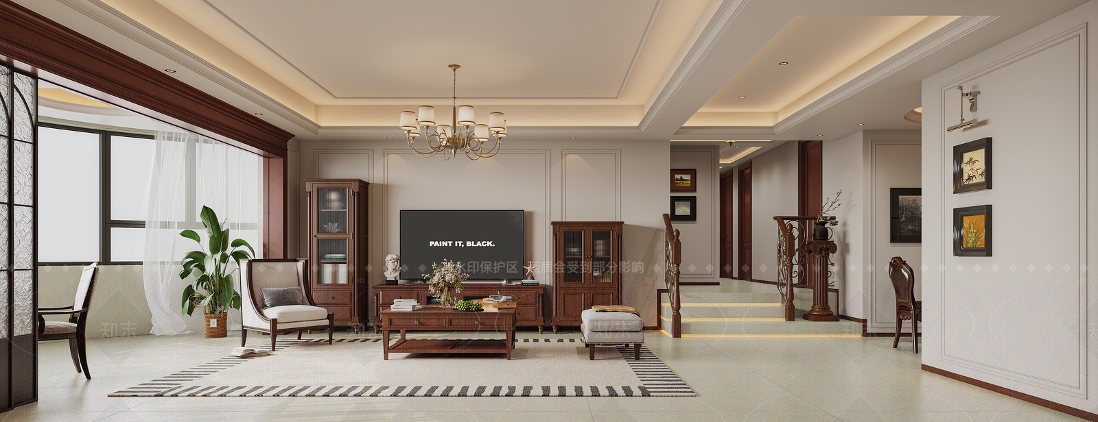 美式复古别墅客餐厅3D模型下载【ID:1207658555】