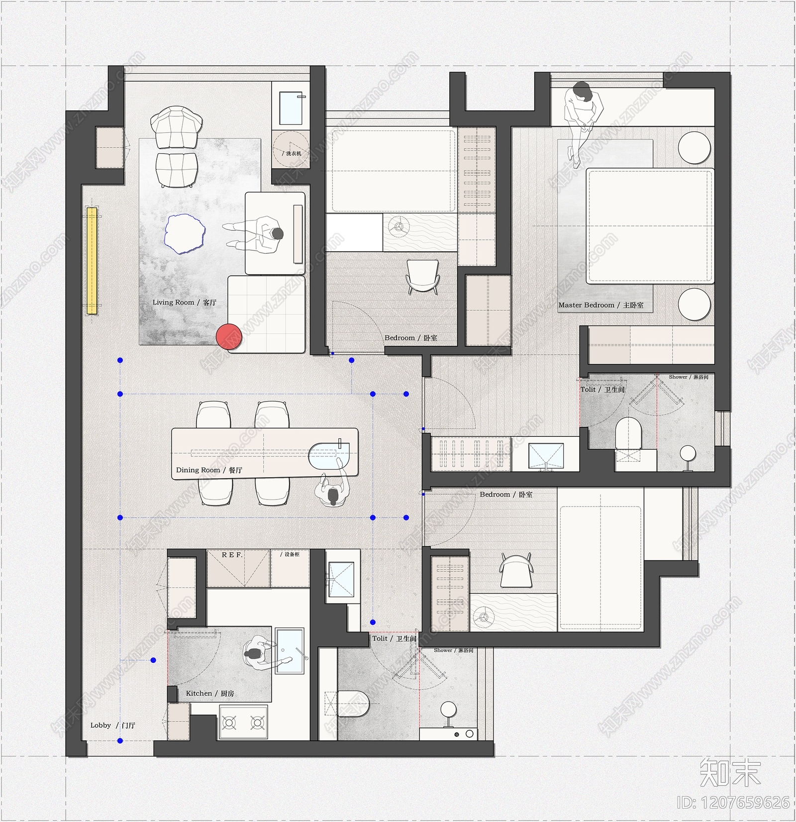 小户型平层cad施工图下载【ID:1207659626】