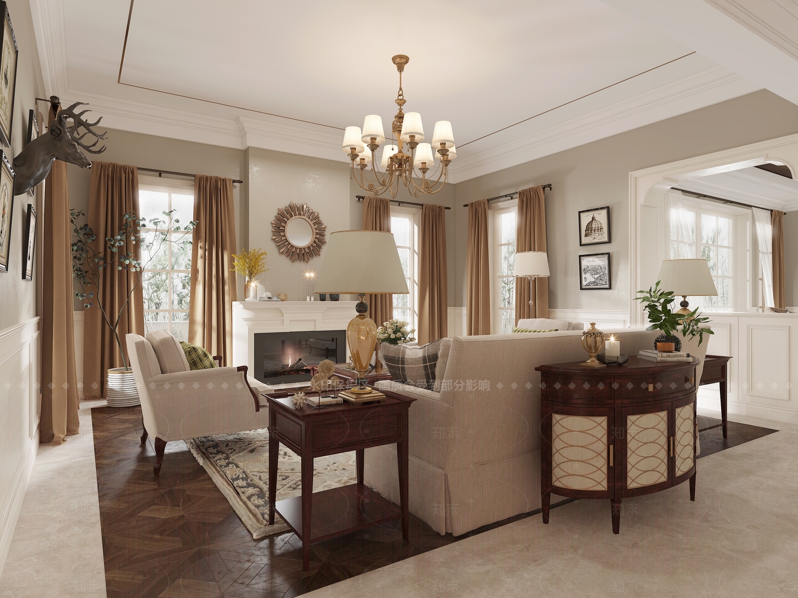 美式复古别墅客厅3D模型下载【ID:1207670980】