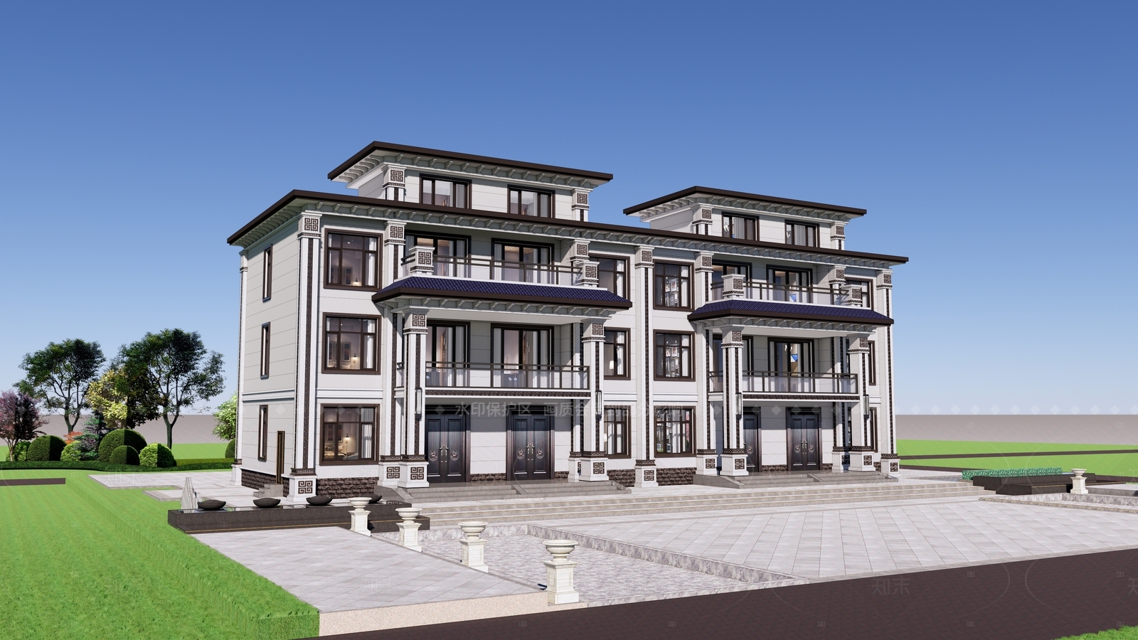 新中式联排别墅SU模型下载【ID:1207681772】