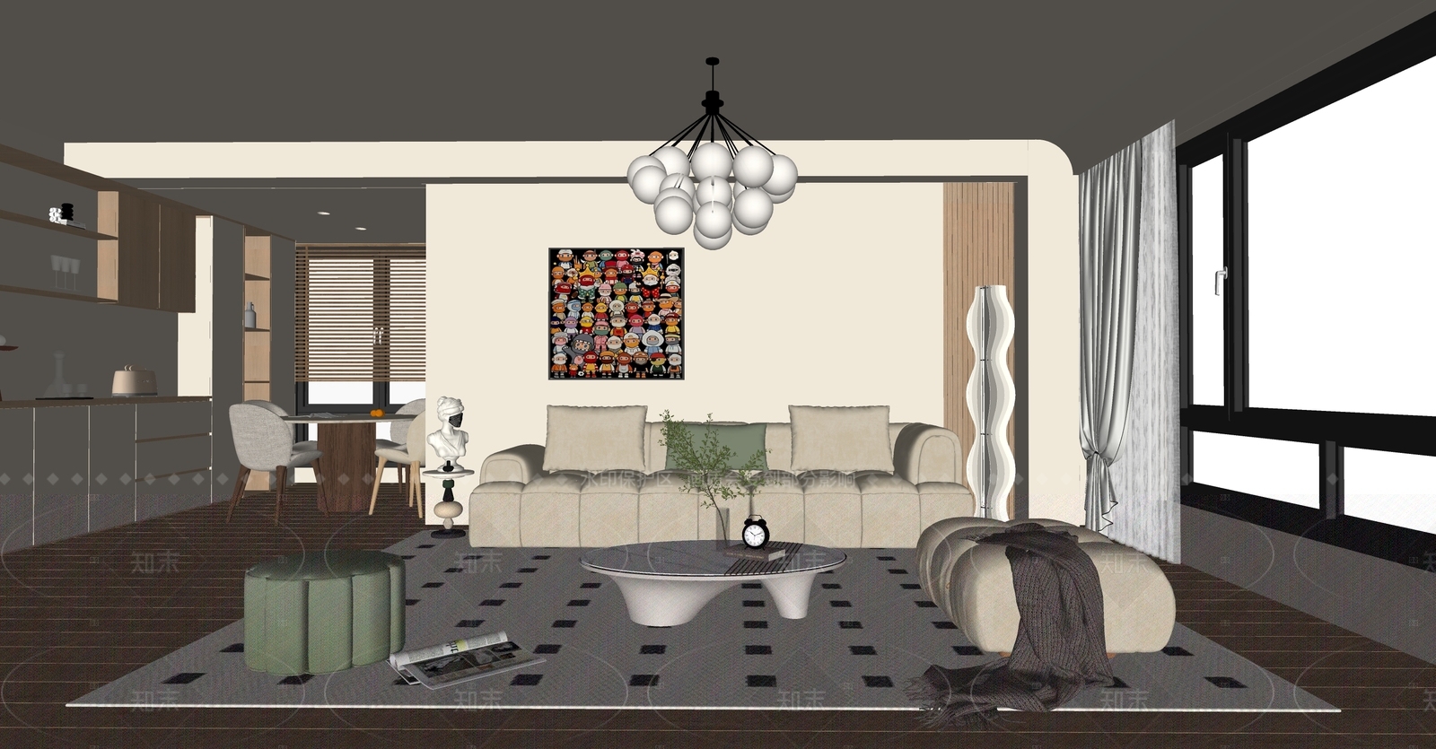 现代奶油家居客厅SU模型下载【ID:1207683088】